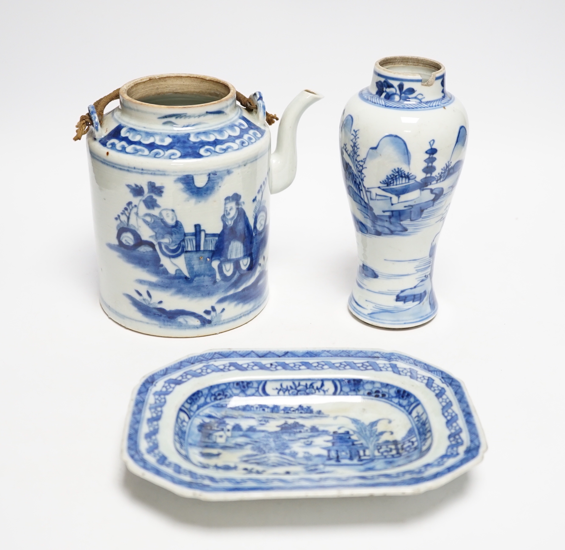 19th century Chinese blue and white porcelain comprising teapot, vase and dish, largest 18cm high